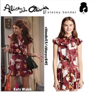 Alice + Olivia Lashay Ruffle Dress Size 4 Red Floral Mini Dres Bow Tie Neck Silk